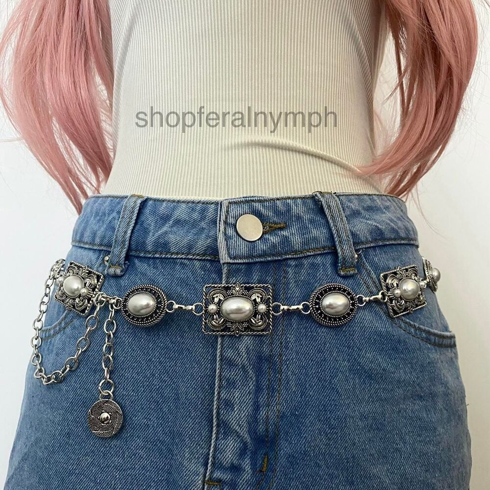 Silver Y2K Faux Pearl Whimsygoth Waist Chain Belt, Fits 24-42 Inches, X7GA1473